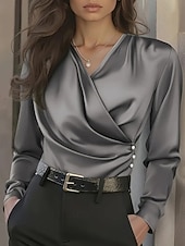  Per donna Camicia Elegant Elegante Top in raso Arricciato Bottoni Drappeggiato Tinta unica Semplice Elegante Vintage Signore Manica Lunga Scollo a V Top Regolari Quotidiano Lavoro Ferie Nero Bianco