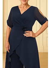 abordables Monos de mamá-Mono Asimétrica Vestido de Madrina Media Manga Escote en Pico Elegante Sencillo Invitado a la boda Noche formal Gasa Tejido elástico con Flor Un Color