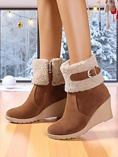 economico Stivali di neve e inverno-stivali da donna con zeppa e risvolto peloso, in pelle scamosciata marrone con cerniera e fibbia, stivali invernali caldi e comodi per il freddo, uscite informali e feste