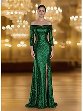 cheap Mermaid Evening Dresses-Mermaid / Trumpet Floor Length Prom Dresses Evening Gown Ball Gown Formal Dress Elegant Vintage 3/4 Length Sleeve Off Shoulder Formal Wedding Sequined with Ruched Sequin Slit