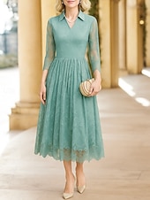 preiswerte Knöchellänge-A-Linie Tee-Länge Partykleid Cocktailkleid Kleid für Hochzeitsgäste Brautmutterkleid Dreiviertelarm V Ausschnitt Elegant Formell Formeller Abend Hochzeitsfeier Tüll mit Spitze