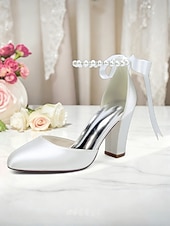 billige Pumps med blokkhæl-dame oransje sateng pumps med blokkhæl og perlemor &amp;bånd ankelstropp - elegante spisse høyhælte sko til bryllup, fester &amp;kveldsarrangementer