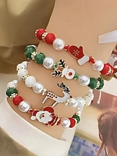 Недорогие Рождественские аксессуары-Женский рождественский браслет из бисера с подвесками в виде Санты, оленей и снеговика, красно-зеленые эластичные браслеты с жемчугом, праздничный подарок на праздник для нее