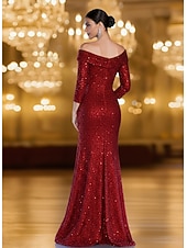 cheap Mermaid Evening Dresses-Mermaid / Trumpet Floor Length Prom Dresses Evening Gown Ball Gown Formal Dress Elegant Vintage 3/4 Length Sleeve Off Shoulder Formal Wedding Sequined with Ruched Sequin Slit