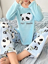 cheap Women&#039;s Sleep Tops &amp; Bottoms-Women&#039;s Pajamas Loungewear Pajama Set Flannel Warm Fashion Panda Elastic Waist Pant Home Daily Long Sleeve Crew Neck White Pink Light Blue Fall Winter Loose Fit