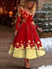 cheap Christmas Dresses-Christmas Women&#039;s Midi Dress A Line Dress Vacation Casual Party Daily Evening Party Regular Fit Graphic Snowflake Long Sleeve V Neck Black Red Fall Winter