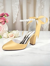 billige Pumps med blokkhæl-dame oransje sateng pumps med blokkhæl og perlemor &amp;bånd ankelstropp - elegante spisse høyhælte sko til bryllup, fester &amp;kveldsarrangementer