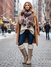 preiswerte Schnee- und Winterstiefel-Damenstiefel mit Keilabsatz aus braunem Wildleder und Kunstfellbündchen – stylisches Schnürdesign mit Quasten, warme und bequeme Winterstiefel für Freizeit und Outdoor