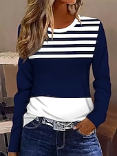 economico T-shirt a righe e geometrico-Per donna Maglietta Stampato Grafico Geometrico A righe Vintage Moda Elegante Manica Lunga Girocollo Top Regolari Quotidiano Weekend Blu marino Primavera Autunno Inverno