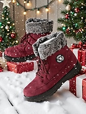 olcso Hó- és téli csizma-női bordó műszőrmével bélelt hótaposó – meleg téli csizma kültéri karácsonyi tevékenységekhez és hideg időben való viseletre
