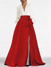 cheap A-Line Evening Dresses-A-Line Sweep Brush Train Evening Gown Ball Gown Formal Dress Elegant High Split Long Sleeve V Neck Formal Wedding Guest Satin with Pleats Slit