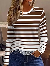 Χαμηλού Κόστους Τι-shirt με ρίγες και γεωμετρικά σχέδια-Γυναικεία Μπλουζάκι Στάμπα Ombre Γραφική Γεωμετρικό Βίντατζ Μοντέρνα Στυλάτο Μακρυμάνικο Στρογγυλή Ψηλή Λαιμόκοψη Στρογγυλή Λαιμόκοψη Κανονικά μπλουζάκια Καθημερινά Σαββατοκύριακο Καφέ