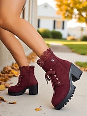 preiswerte Stiefeletten-Braune Damenstiefeletten zum Schnüren mit dickem Absatz und Häkelbesatz, modische Stiefeletten aus Wildlederimitat im Vintage-Stil für lässige Outfits und Outdoor-Events