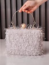 tanie Torby i torebki-Damska torebka na imprezę świąteczną – elegancka wieczorowa torebka z piórami w kolorze czerwonym i zielonym, ze złotym uchwytem i perłowym zapięciem – świąteczny prezent dla kobiety – szykowny, świąteczny styl na uroczystości bożonarodzeniowe