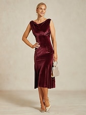  Damen Midikleid Trompeten- Meerjungfrauenkleid Elegant Party Hochzeitsgast Cocktailparty Normale Passform Einfarbig Ärmellos Wasserfallausschnitt Wein