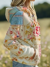 cheap Fleece-Lined Hoodies-Women's Zip Up Hoodies Zip Up Sweatshirts Drawstring Zipper Floral Graphic Animal Elegant Warm Active Long Sleeve Hooded Regular Tops Casual Home Work White Spring Fall Winter