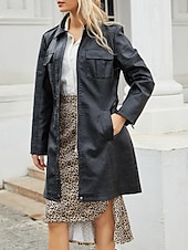 billiga Jackor i konstläder-Dam Imitationsläderjacka Trenchcoat Bekväm Knappar Ledigt Slät Utomhus Semester Helgdag Utekväll Lång Nedvikt Normal Långärmad Ytterkläder Svart Vin Kamel Vår Höst