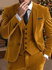  Men's Wedding Party Velvet Suits Peaked Lapel Yellow Burgundy Formal Solid Colored Tailored Fit 3 Piece Single Breasted One-button