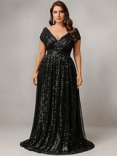 abordables Longueur du plancher-A-Ligne Robe de Mariage Longueur de Sol Robe de Soirée Robe Mère de la Mariée Manches Courtes V Cou Élégante Vintage Luxueuse Spandex avec Sequins