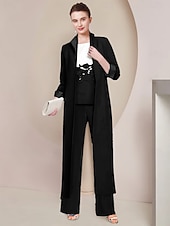 cheap Mom&#039;s Pant Suits-Pantsuit 3 Piece Mother of the Bride  Formal Wedding Guest Elegant Scoop Neck Floor Length Lace Stretch Fabric 3/4 Length Sleeve Wrap Included with Appliques