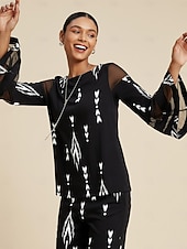 Naisten pusero Musta Geometrinen kuvio Pyöreä kaula-aukko 3/4 hihat Tyylikäs Vapaa-aika Kevät Syksy Loma Perus halpa paitoja, toppeja ja puseroja-Naisten pusero Musta Geometrinen kuvio Pyöreä kaula-aukko 3/4 hihat Tyylikäs Vapaa-aika Kevät Syksy Loma Perus