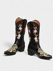 abordables Botas de moda-Botas vaqueras bordadas de piel sintética roja para mujer con diseño floral, tacón de bloque, estilo retro western, perfectas para festivales, salidas informales y Navidad.
