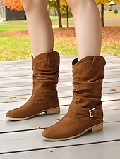 abordables Botas holgadas-Botas holgadas de mujer en marrón oscuro con hebilla: botines informales de tacón bajo para uso diario.