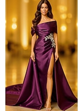 cheap A-Line Evening Dresses-Purple Black A-Line Evening Gown Elegant Formal Dress Formal Wedding Floor Length Short Sleeve Off Shoulder Capes Satin with Pocket 2025