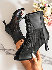 preiswerte Tanzstiefel-Schwarze Damen-Stiefeletten mit Schnürung und Peep-Toe, Mesh-High-Heel-Tanzschuhe für Abendgala, Abschlussball &amp;Party-Outfits