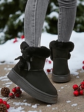 cheap Snow &amp; Winter Boots-Women&#039;s White Fur-Trimmed Slip-On Winter Boots with Bow Detail, Stylish Cozy Snow Boots for Cold Weather and Holiday Wear