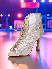 billige Dansestøvler-Svarte damesko med høy hæl og netting i netting og strass, stilige latinske ballroomsko med åpen tå for salsa og tango &amp;sceneopptredener