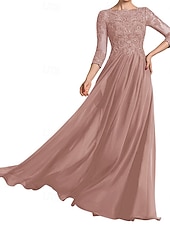 preiswerte Bodenlänge-A-Linie Bodenlänge Hochzeitsgastkleid Formelle Kleider Abendkleid Brautmutterkleid 3/4-Ärmel Rundhalsausschnitt Elegant formell Hochzeitsgast mit Falten Solid Color