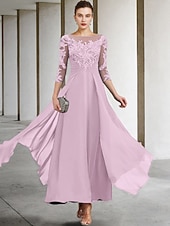 cheap Ankle Length-A-Line Ankle Length Party Dress Cocktail Dress Wedding Guest Dress Mother of the Bride Dress 3/4 Length Sleeve Jewel Neck Elegant Plus Size Wedding Guest Wedding Party Chiffon Lace with Ruched Sequin