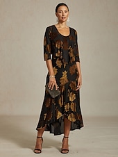 baratos Blusas Elegantes-Mulheres encolhe os ombros Floral Elegante Vintage Manga 3/4 Decote V Festa de Noite Convidado do casamento Traje de festa para noite Marron Outono Inverno