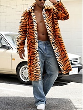 billige Jakker og frakker til herrer-Herre Vinterjakke Fuskepels Feriereise Daglig Hold Varm Fleece Høst Vinter Tigerpels Mote Gatemote Knaphul Lang Oransje Jakker