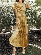 olcso Buliruhák-Női Midi ruha Karácsonyi ruha Bársony ruha Party ruha Koktélruha Elegáns Modern Parti Születésnap Estély Normál Sima Rövid ujjú V-alakú Bor Katonai zöld Sötétkék Sötétzöld Tavasz Ősz