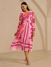 Długa sukienka damska z tkaniny wiskozowej z dekoltem w serek, elastycznym pasem, marszczeniem, odpinanym paskiem, prześwitującym szyfonem, rękawami z panelami, różowo-czerwonym wzorem kwiatowym, tanie sukienka na co dzień-Długa sukienka damska z tkaniny wiskozowej z dekoltem w serek, elastycznym pasem, marszczeniem, odpinanym paskiem, prześwitującym szyfonem, rękawami z panelami, różowo-czerwonym wzorem kwiatowym,