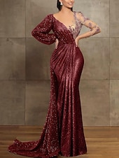 economico Abiti da ballo-Sirena Tromba Strascico da Corte Abito da Sera Abito da ballo con sopragonna Abito formale Elegante Manica Lunga Scollo Illusione Formale Con Paillettes con Pieghe Paillettes