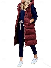 cheap Down Vests-Women&#039;s Winter Coat Down Jacket Vest Warm Comfortable Pocket Buttons Casual Plain Vacation Daily Wear Going out Weekend Long Hooded Regular Fit Sleeveless Outerwear Black Wine Khaki Fall Winter