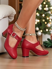 abordables Zapatos Mary Jane-Zapatos de tacón con tira en T para mujer, color rojo, con detalle de hebilla, estilo clásico y elegante, ideales para fiestas navideñas, eventos festivos y ocasiones formales.