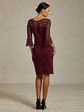  Dam Midiklänning Sheath Dress Elegant Normal Ensfärgat Halvlång ärm Rund hals Vinröd