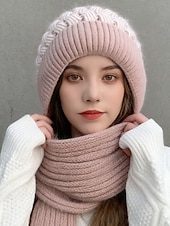 billige Damehatter-Dame vinterstrikklue-skjerfsett med pompong, fleecefôret 2-i-1-lue og halsvarmer, koselig og varmt utendørstilbehør for kaldt vær og julegaver