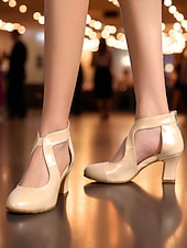 cheap Latin Shoes-Women's Beige Patent Leather Ballroom Dance Shoes - Closed Toe Mid Heel Pumps with Cutout Design for Gatsby Ball &amp; Professional Dance Party