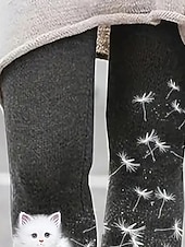 abordables -Mujer Polainas Leggings cómodos Moda Ropa de calle Básico Longitud total Alta cinturaPantsNavidad Graphic Gato Estampado Vellón Mantiene abrigado Confortable Elástico Exterior Casual Diario Negro