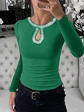 baratos Camiseta lisa-Mulheres Blusa Patchwork Purpurina Côr Sólida à moda Casual Manga Longa Gola Redonda Tops regulares Diário Azul Preto Vinho Verde Primavera Outono Inverno