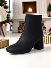 baratos Botas de tornozelo-Botas femininas vermelhas de salto alto com zíper, design elegante de salto grosso, perfeitas para festas de Natal, eventos de feriados e uso diário