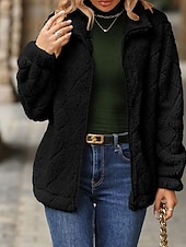 levne Sherpa bundy-Dámské Zimní kabát Teddy Coat Zahřívací Pohodlné Zip Kapsy Na běžné nošení Pevná barva Vánoce Dovolená ulice Ležérní Standardní Přehnutý Běžný Dlouhý rukáv Svrchní oděvy Černá Rubínově červená Khaki