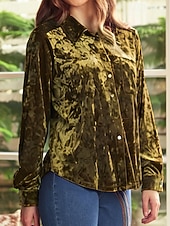 Χαμηλού Κόστους Απλές μπλούζες-Γυναικεία Βελούδο Κομψή Φιλάρεσκος Μπλούζα Κουμπιά Σκέτο Βοημία Βίντατζ Καθημερινά Μακρυμάνικο Κολάρο Πουκαμίσου Κανονικά μπλουζάκια Καθημερινά Βραδινό Ρούχα για Πάρτυ Αργίες