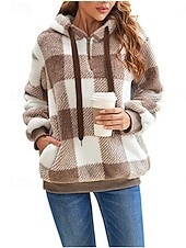 お買い得  ふわふわのスウェットシャツ-女性用 プルオーバー フーディー スウェットシャツ チェック エレガント あたたか 活発的 長袖 フード付き レギュラートップス 家 パーティーイブニングウェア ストリート ブラック ピンク ブラウン グリーン 春 秋 冬