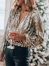 Christmas Women's Evening Tops Sequin Tops Solid Color Party Stylish Sexy Long Sleeve V Neck Regular Tops Party Evening Wear Party Outfits Sequins White Pink Blue Gold Spring Fall cheap Dressy Tops-Christmas Women's Evening Tops Sequin Tops Solid Color Party Stylish Sexy Long Sleeve V Neck Regular Tops Party Evening Wear Party Outfits Sequins White Pink Blue Gold Spring Fall